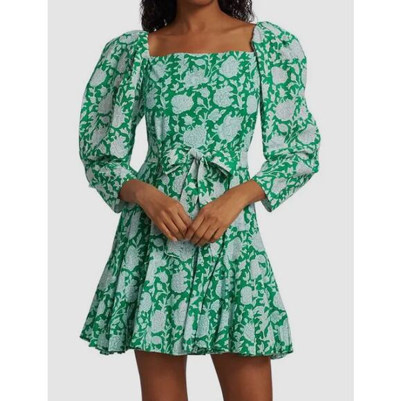 Mille Dresses & Skirts - Mille Resort Anais Belted Mini Hand Block Print Dress Green Zinnia Size Small